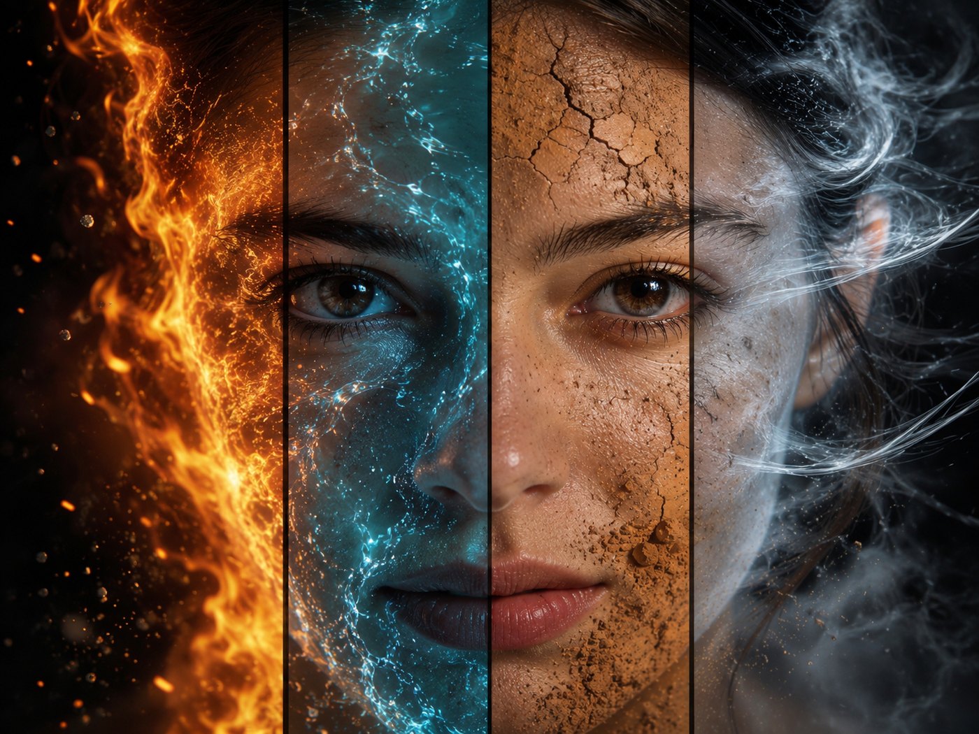 Die vier Elemente als ein Gesicht — Feuer, Wasser, Erde, Luft